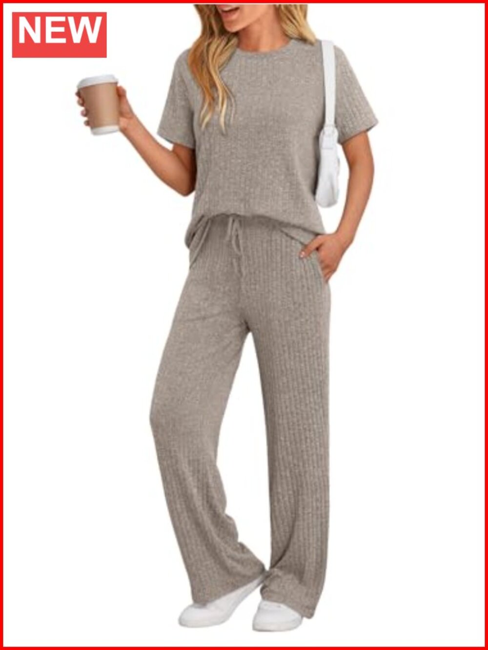 2 Piece Lounge Set Ribbed Knit Matching Travel Outfit Casual Womens